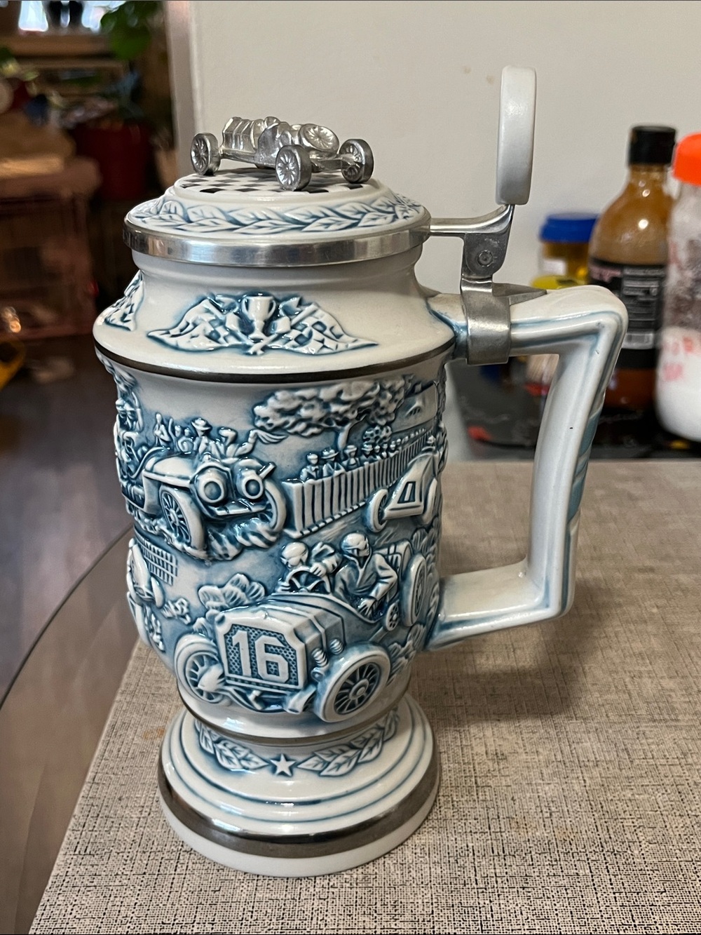 Blue and White Ceramic Racing Stein with Pewter-Tone Lid